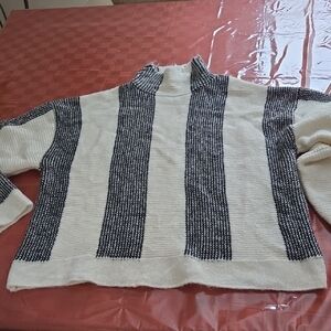Anthropologie Black and Cream Striped Mock-Neck Sweater Size L